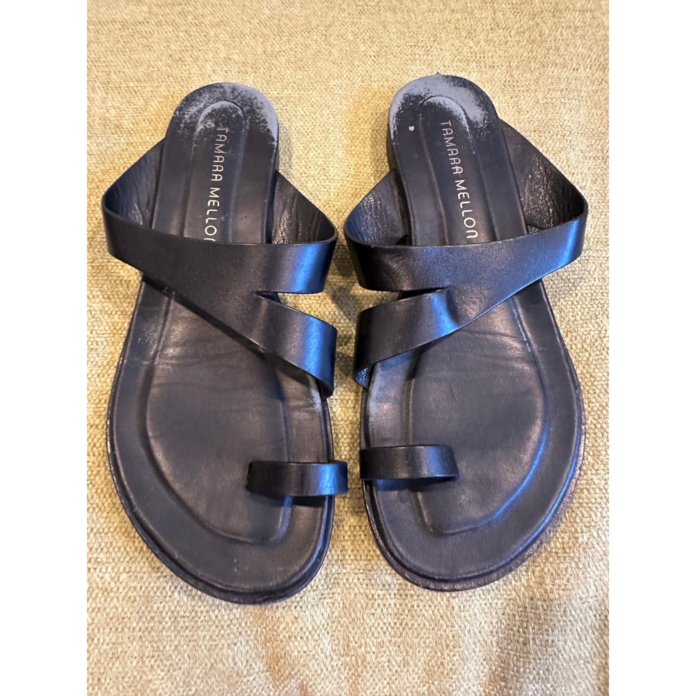 Tamara Mellon Black Leather Toe Loop Flat Sandals Made in Italy Size 37